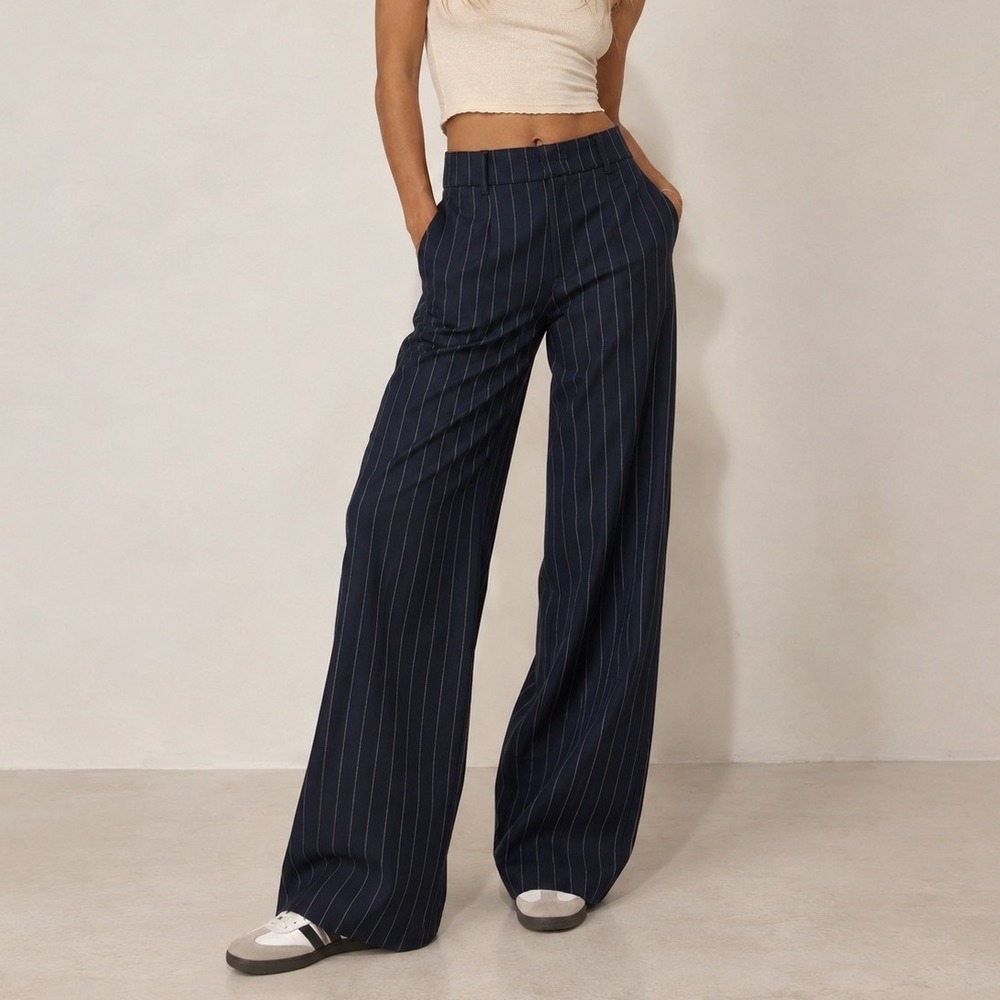 Free People Pinstripe Wide Leg Trousers Size 4 Navy Office Preppy Academia